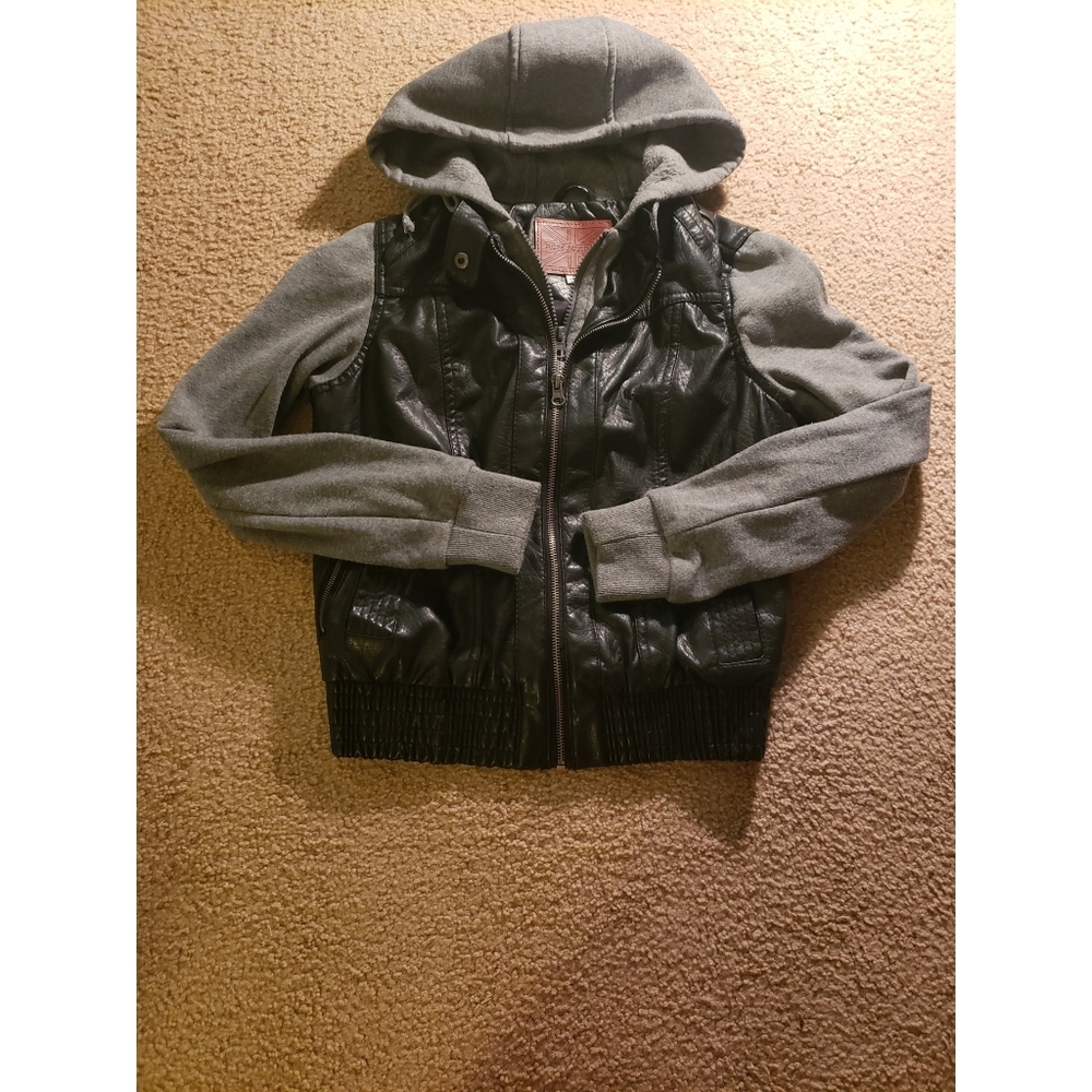 Hooded jacket with faux leather detailing